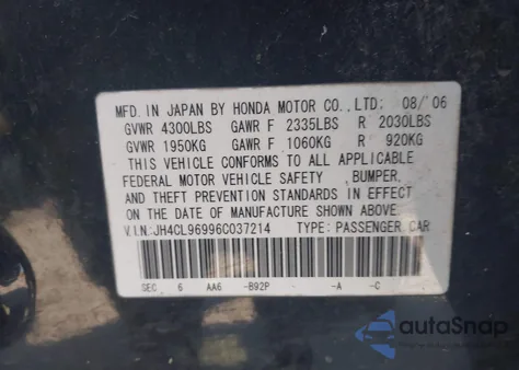 2006 Acura Tsx from USA, damaged, VIN JH4CL96996C037214